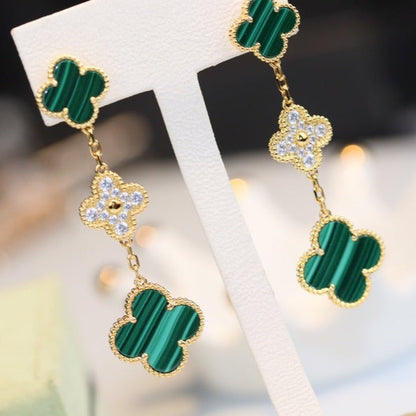 [Resenly Jewelry] クローバーピアス ゴールド マラカイト ダイヤモンド 3モチーフ