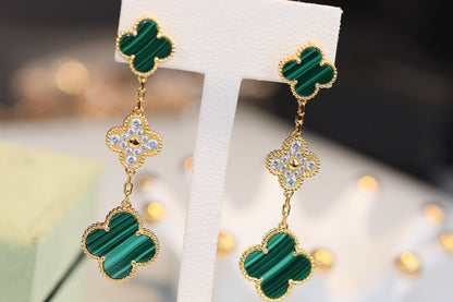 [Resenly Jewelry] クローバーピアス ゴールド マラカイト ダイヤモンド 3モチーフ