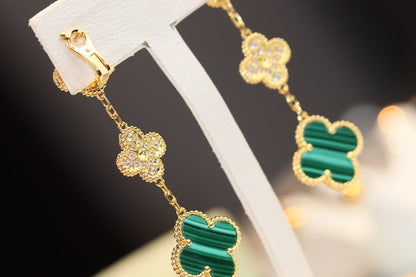 [Resenly Jewelry] クローバーピアス ゴールド マラカイト ダイヤモンド 3モチーフ