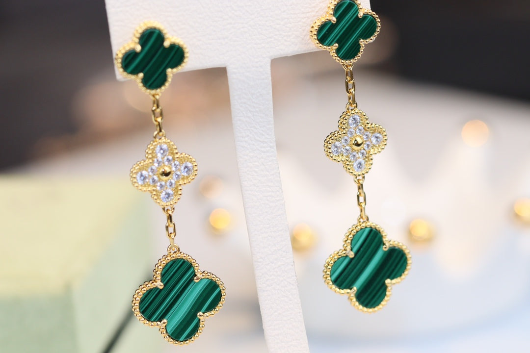 [Resenly Jewelry] クローバーピアス ゴールド マラカイト ダイヤモンド 3モチーフ