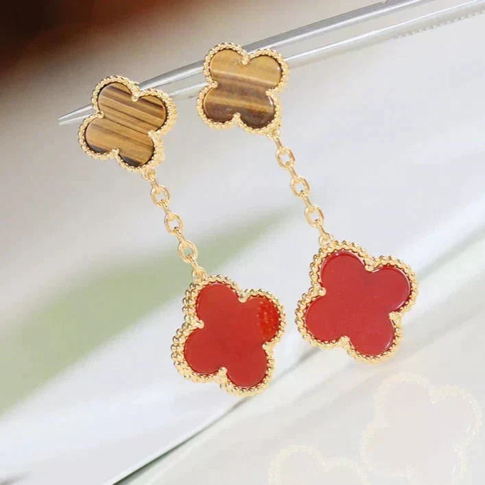 [Resenly Jewelry] クローバー 2モチーフ タイガーアイ＆カーネリアン イヤリング
