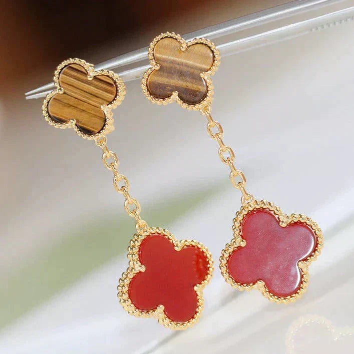 [Resenly Jewelry] クローバー 2モチーフ タイガーアイ＆カーネリアン イヤリング