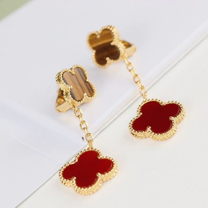 [Resenly Jewelry] クローバー 2モチーフ タイガーアイ＆カーネリアン イヤリング