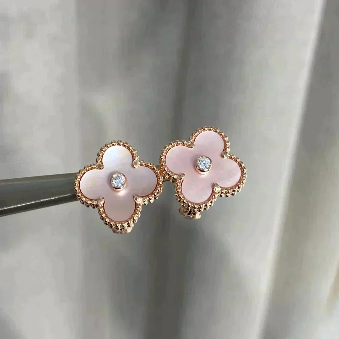 [Resenly Jewelry]CLOVER MEDIUM 1 MOTIFS  PINK MOP DIAMOND EARRINGS