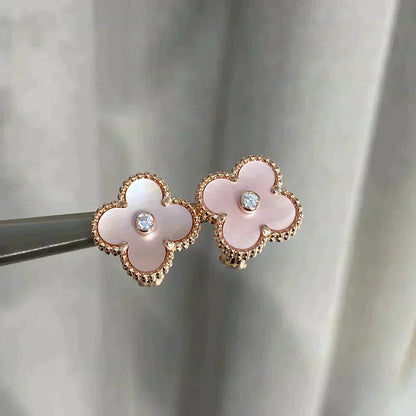[Resenly Jewelry]CLOVER MEDIUM 1 MOTIFS  PINK MOP DIAMOND EARRINGS