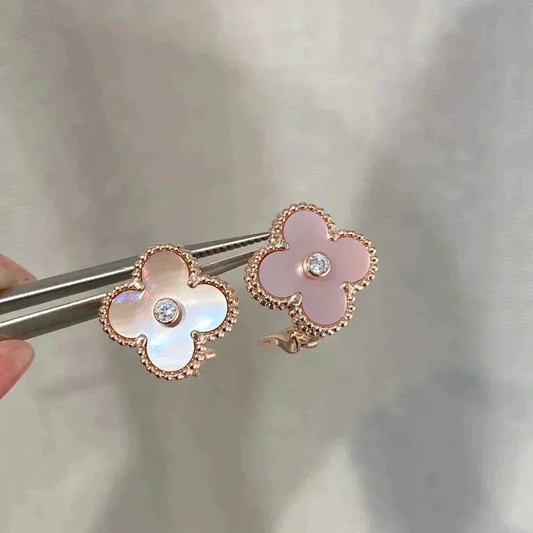 [Resenly Jewelry]CLOVER MEDIUM 1 MOTIFS  PINK MOP DIAMOND EARRINGS