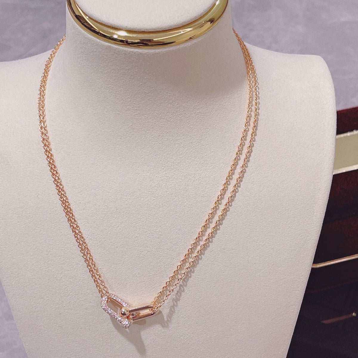 [Resenly Jewelry]HARDWEAR DOUBLE LINK PEDANT PINK GOLD DIAMOND NECKLACE