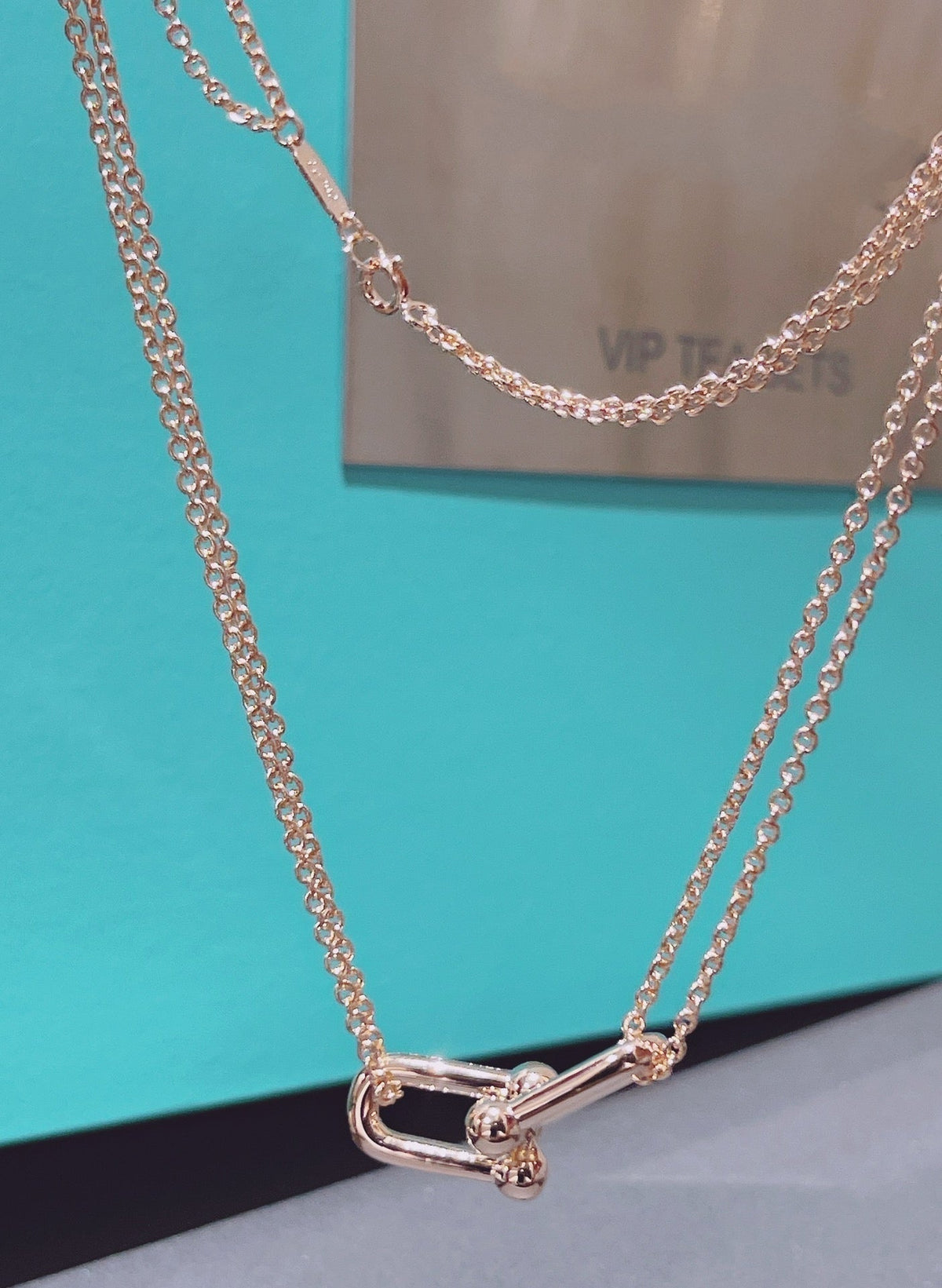 [Resenly Jewelry]HARDWEAR DOUBLE LINK PEDANT PINK GOLD NECKLACE