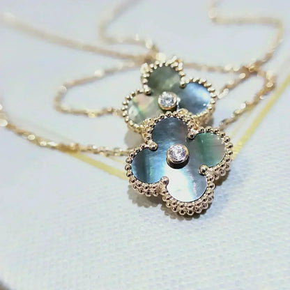 [Resenly Jewelry] クローバー 15mm ダイヤモンド＆グレーマザーオブパール ネックレス