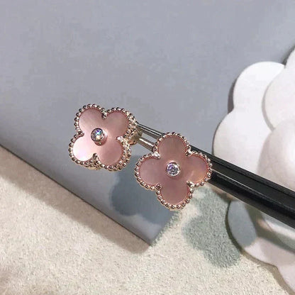 [Resenly Jewelry]CLOVER MEDIUM 1 MOTIFS  PINK MOP DIAMOND EARRINGS