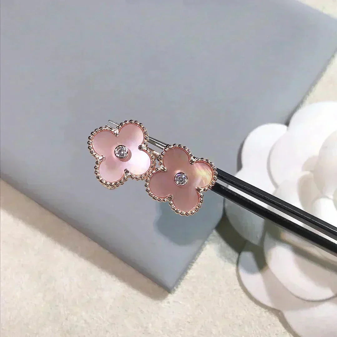 [Resenly Jewelry]CLOVER MEDIUM 1 MOTIFS  PINK MOP DIAMOND EARRINGS