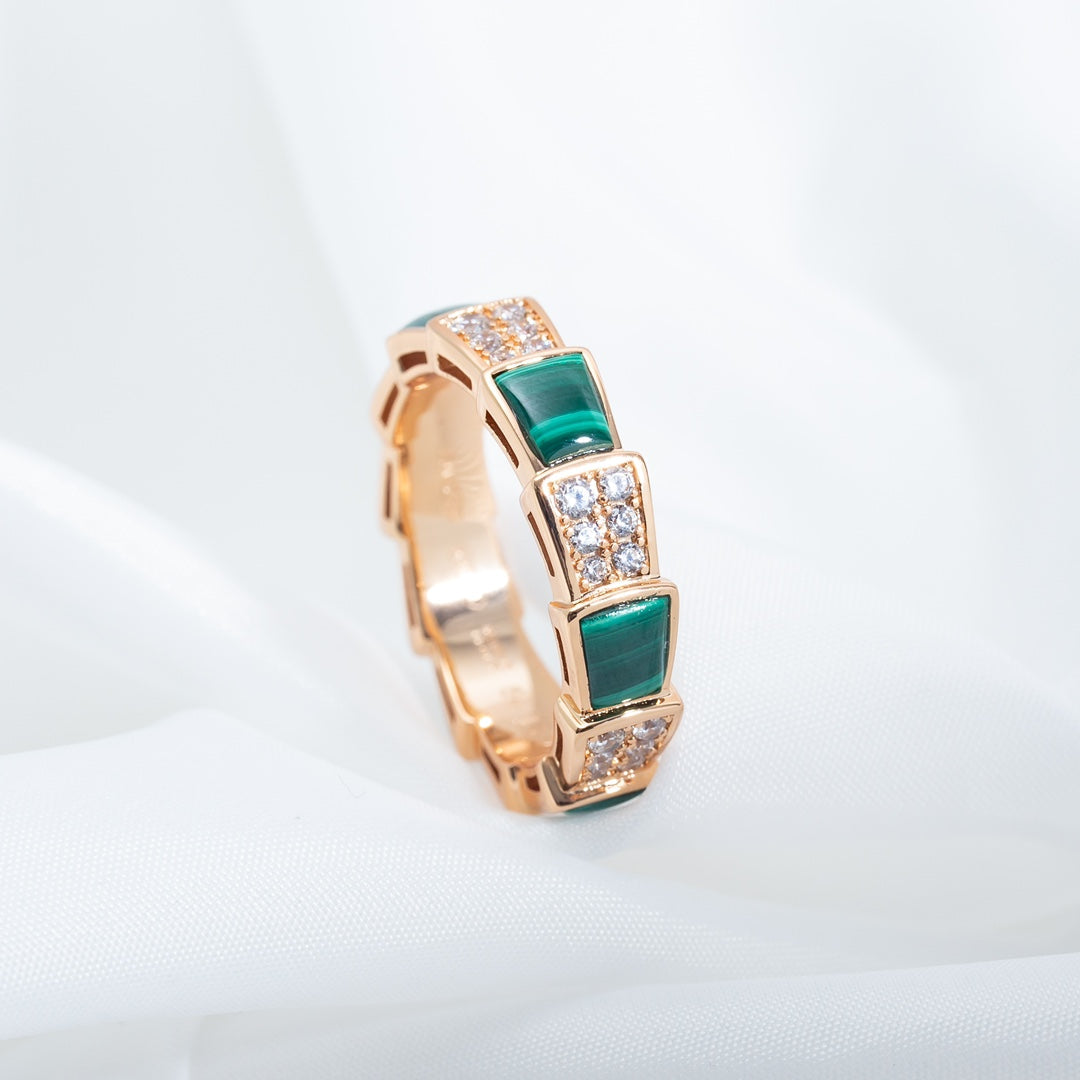 [Resenly Jewelry]SERPENTI RING PINK GOLD MALACHITE DIAMOND PAVED 4MM
