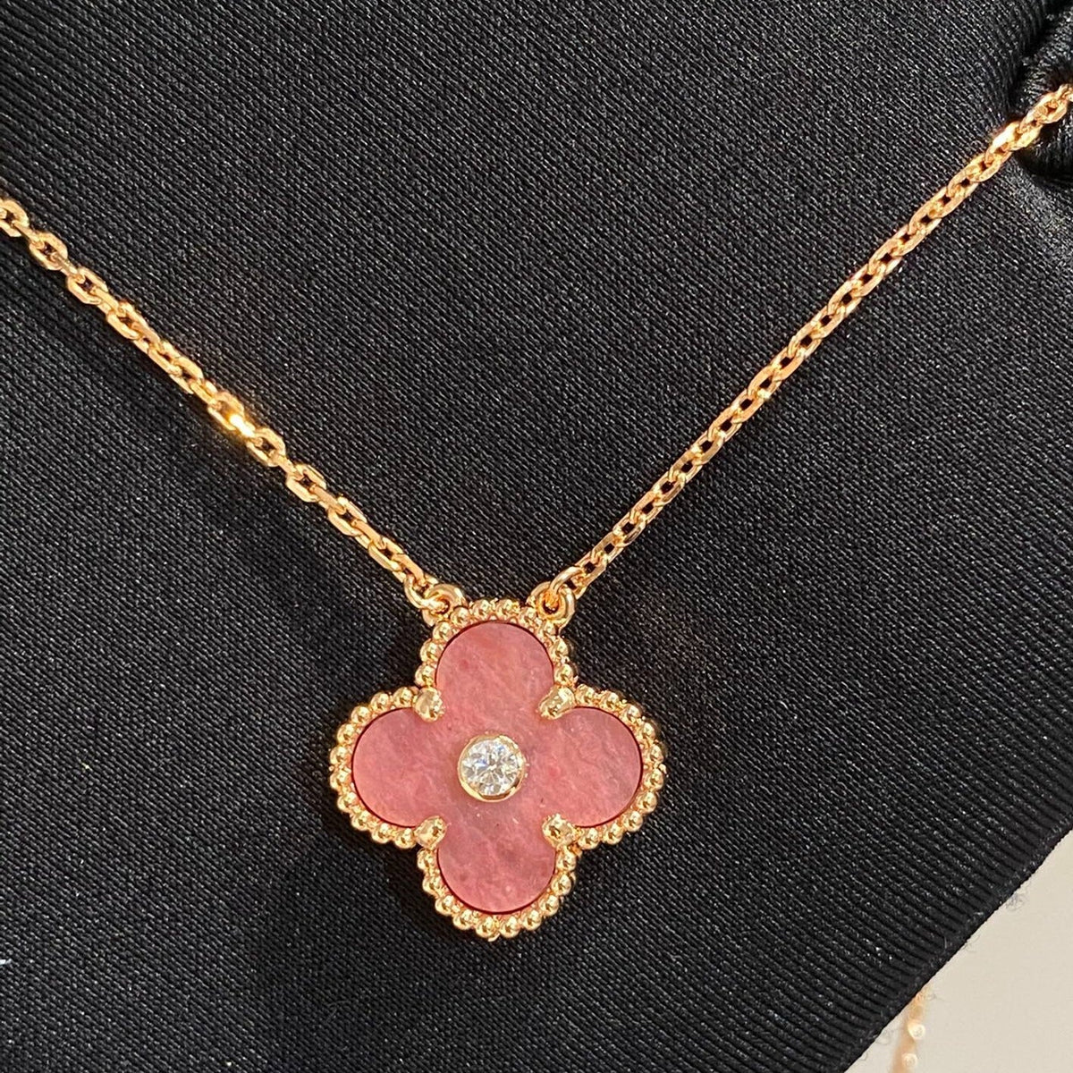 [Resenly Jewelry]CLOVER 15MM DIAMOND RHODONITE NECKLACE