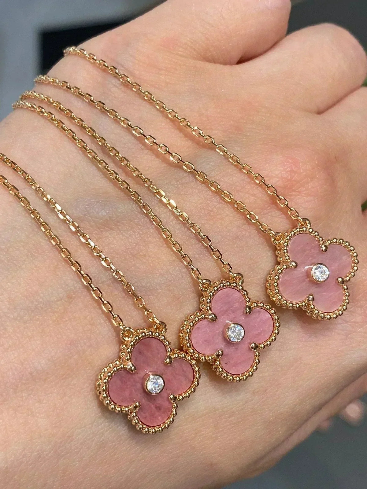 [Resenly Jewelry]CLOVER 15MM DIAMOND RHODONITE NECKLACE