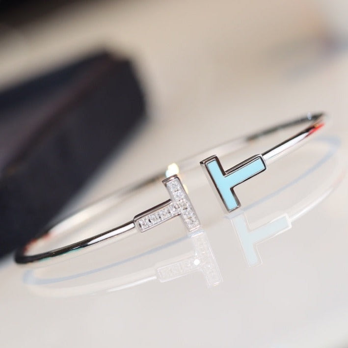 [Resenly Jewelry] Tブレスレット 1.8mm ターコイズ ダイヤモンド シルバー