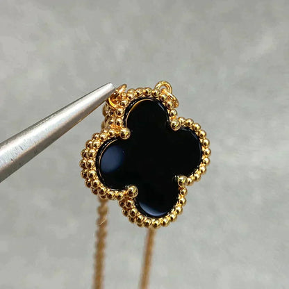 [Resenly Jewelry]CLOVER 15MM BLACK ONYX SINGLE FLOWER NECKLACE