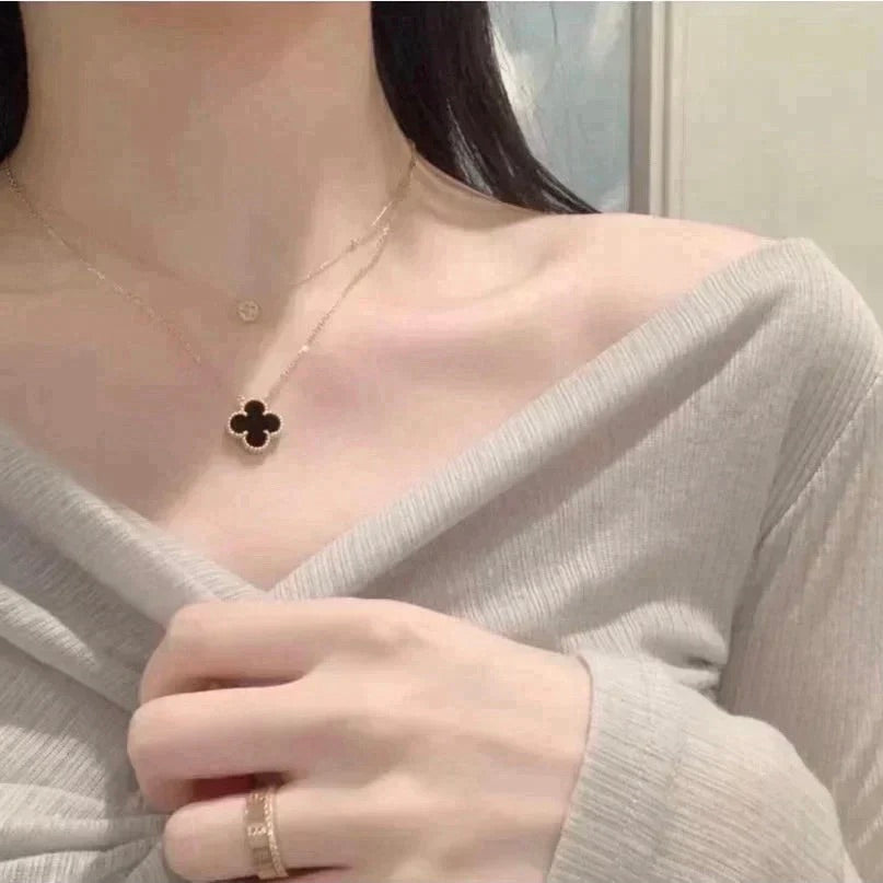 [Resenly Jewelry]CLOVER 15MM BLACK ONYX SINGLE FLOWER NECKLACE