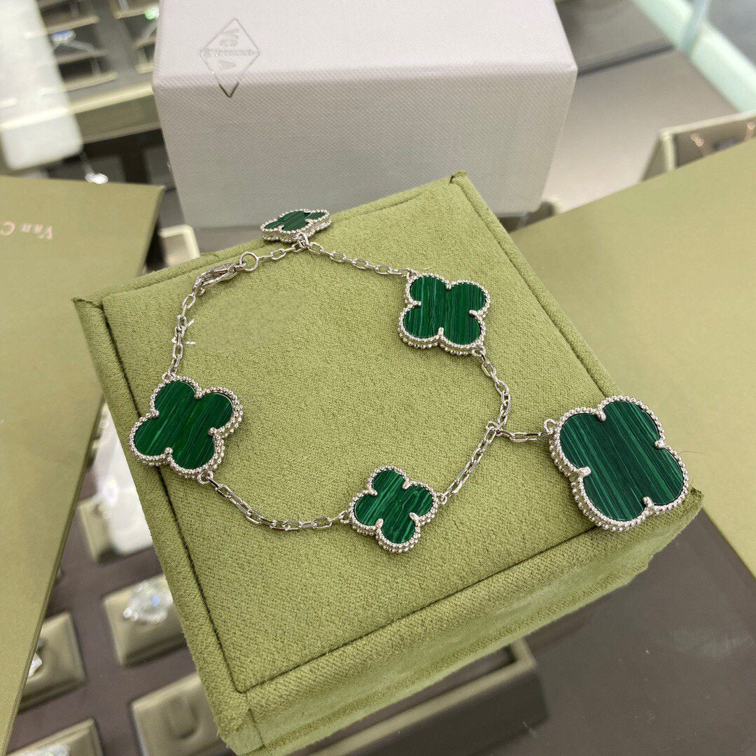 [Resenly Jewelry]クローバー 5モチーフ シルバー マラカイト ブレスレット