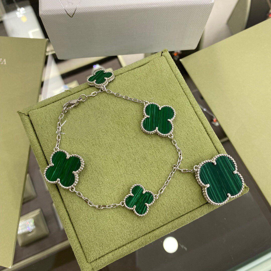 [Resenly Jewelry]クローバー 5モチーフ シルバー マラカイト ブレスレット