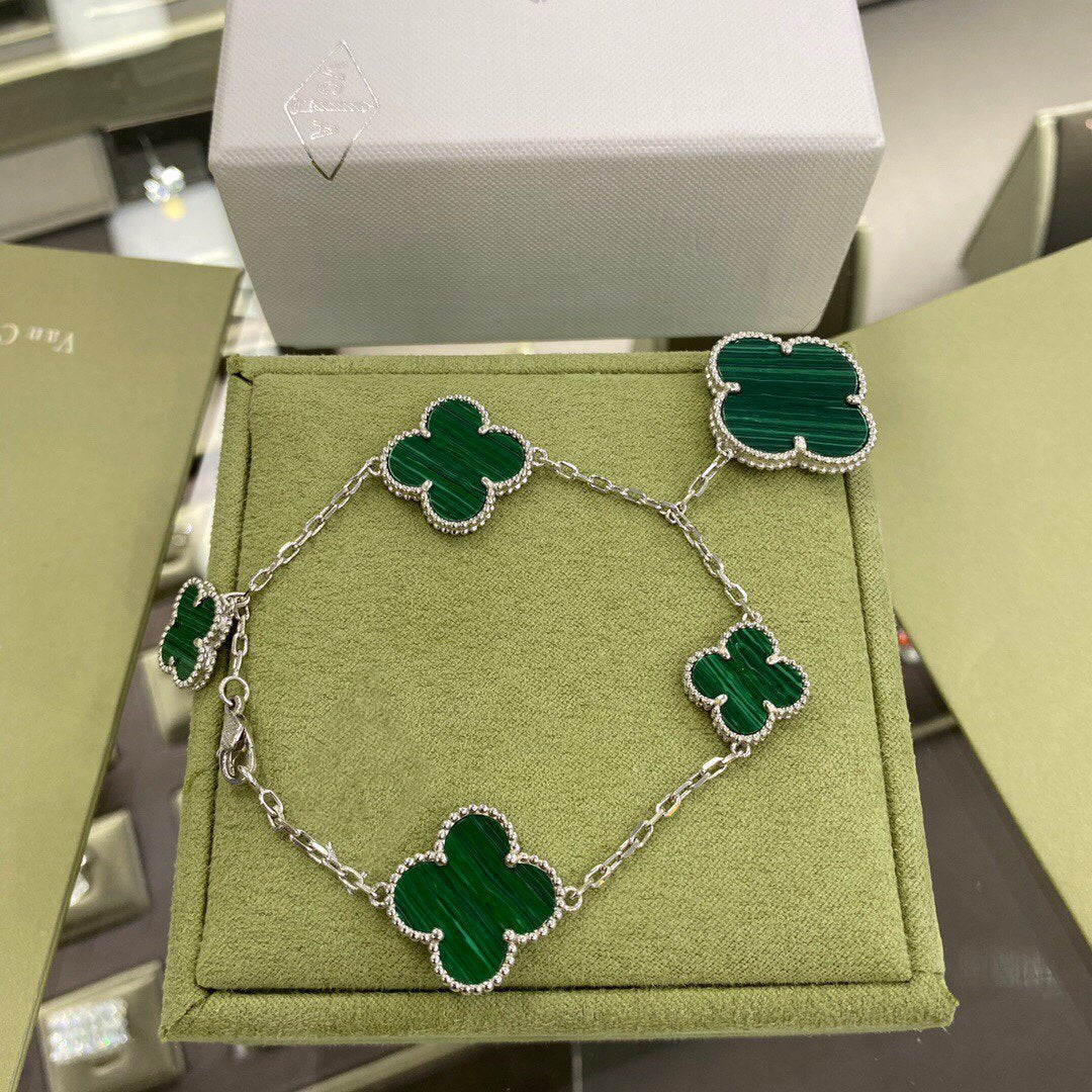 [Resenly Jewelry]クローバー 5モチーフ シルバー マラカイト ブレスレット
