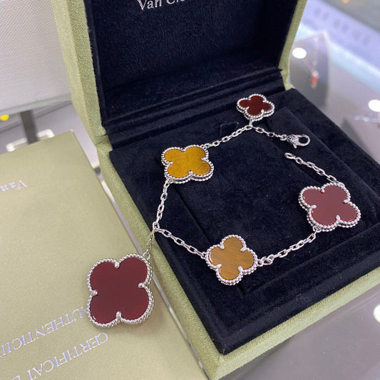 [Resenly Jewelry]CLOVER 5 MOTIFS SIVLER CARNELIAN TIGER EYE BRACELET