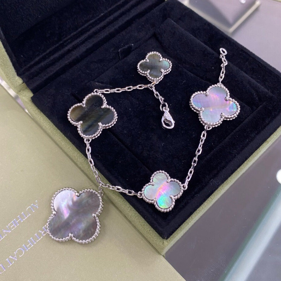 [Resenly Jewelry]CLOVER 5 MOTIFS SIVLER DARK MOP BRACELET