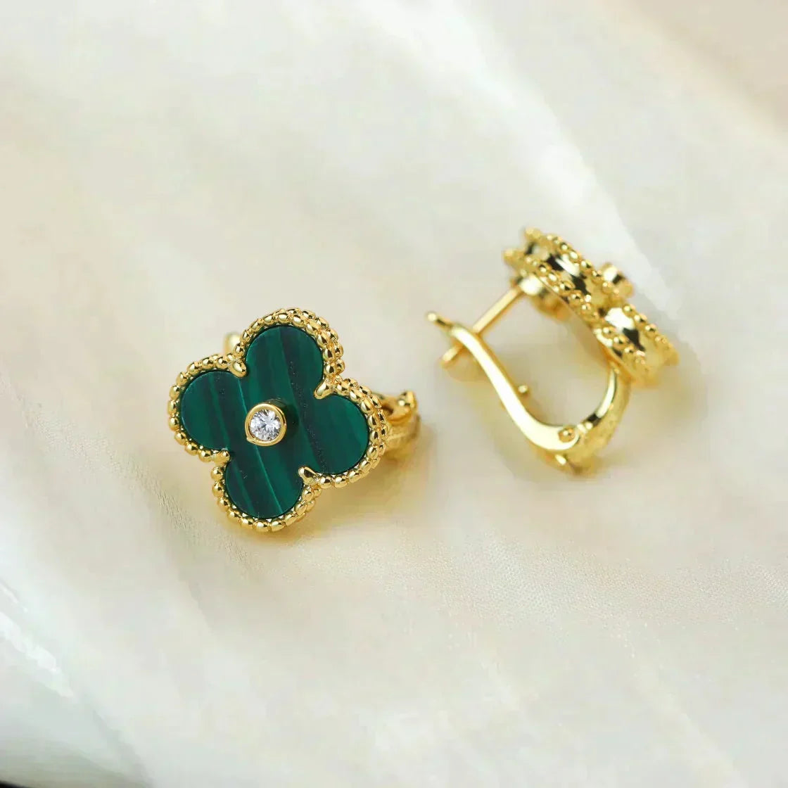 [Resenly Jewelry]CLOVER MEDIUM 1 MOTIFS MALACHITE DIAMOND EARRINGS