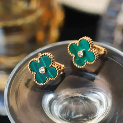 [Resenly Jewelry]CLOVER MEDIUM 1 MOTIFS MALACHITE DIAMOND EARRINGS