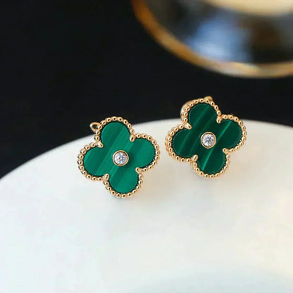 [Resenly Jewelry]CLOVER MEDIUM 1 MOTIFS MALACHITE DIAMOND EARRINGS