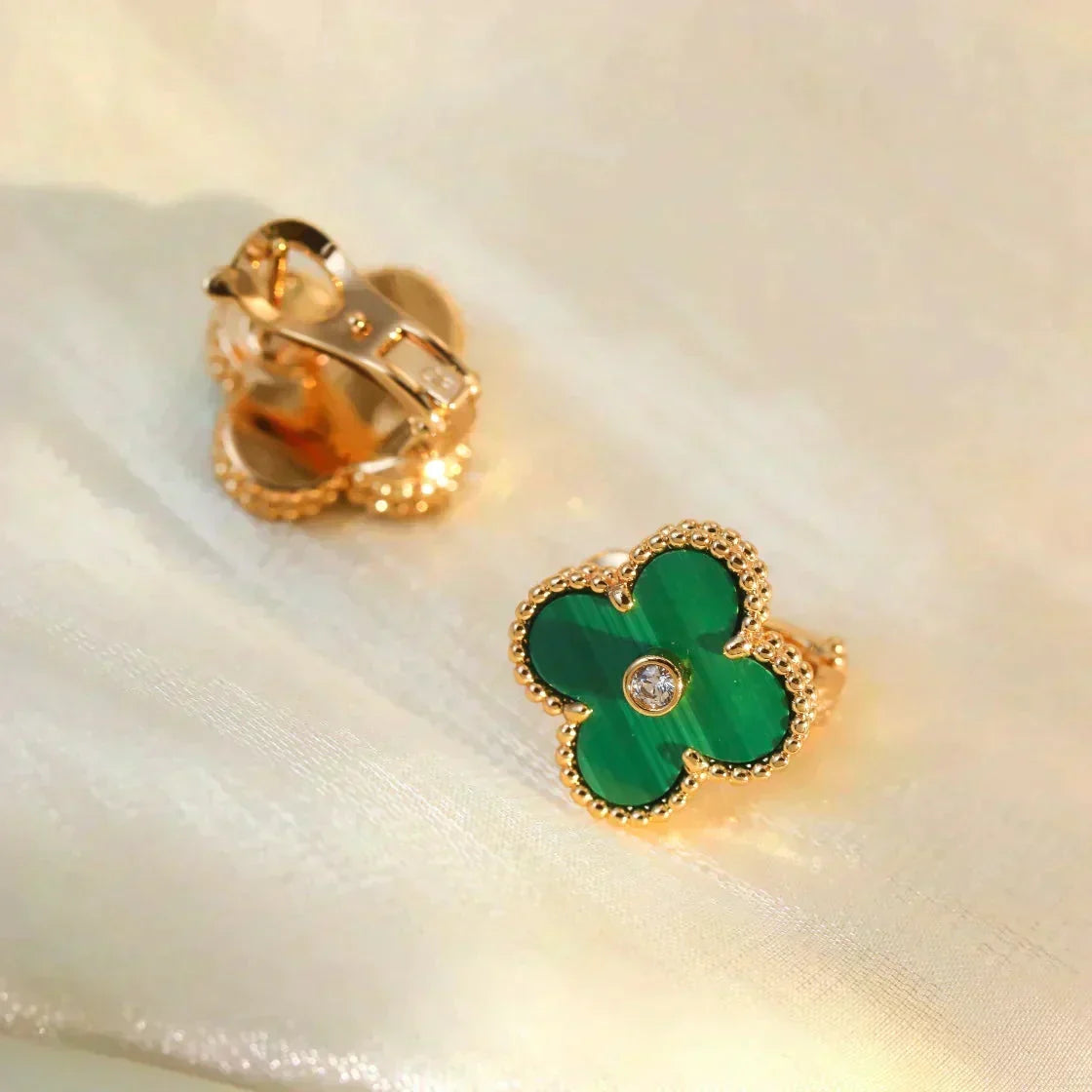 [Resenly Jewelry]CLOVER MEDIUM 1 MOTIFS MALACHITE DIAMOND EARRINGS