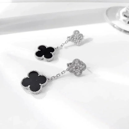 [Resenly Jewelry]CLOVER 2 MOTIFS  DIAMOND ONYX EARRINGS SILVER