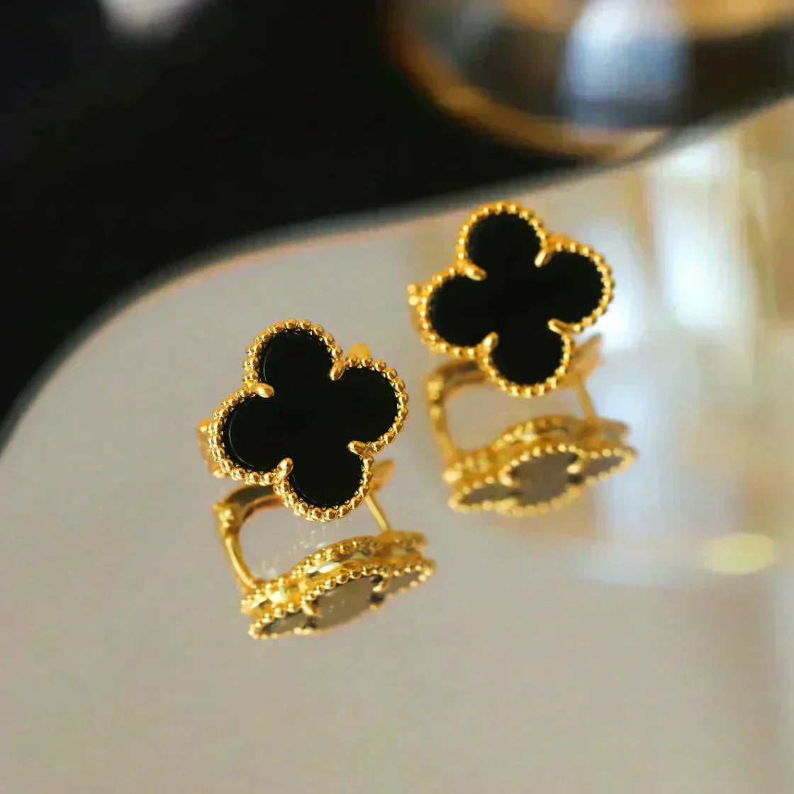 [Resenly Jewelry]CLOVER MEDIUM 1 MOTIFS  ONYX STUD EARRINGS