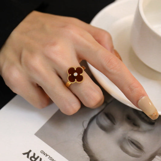 [Resenly Jewelry] クローバー カーネリアン リング ローズゴールド ダイヤモンド