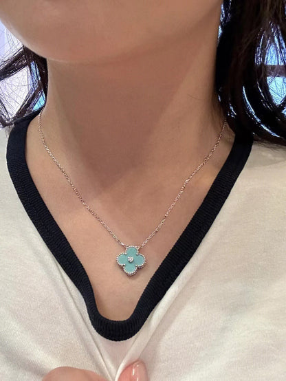 [Resenly Jewelry]クローバー 1 ダイヤモンド ライトブルー シルバーネックレス