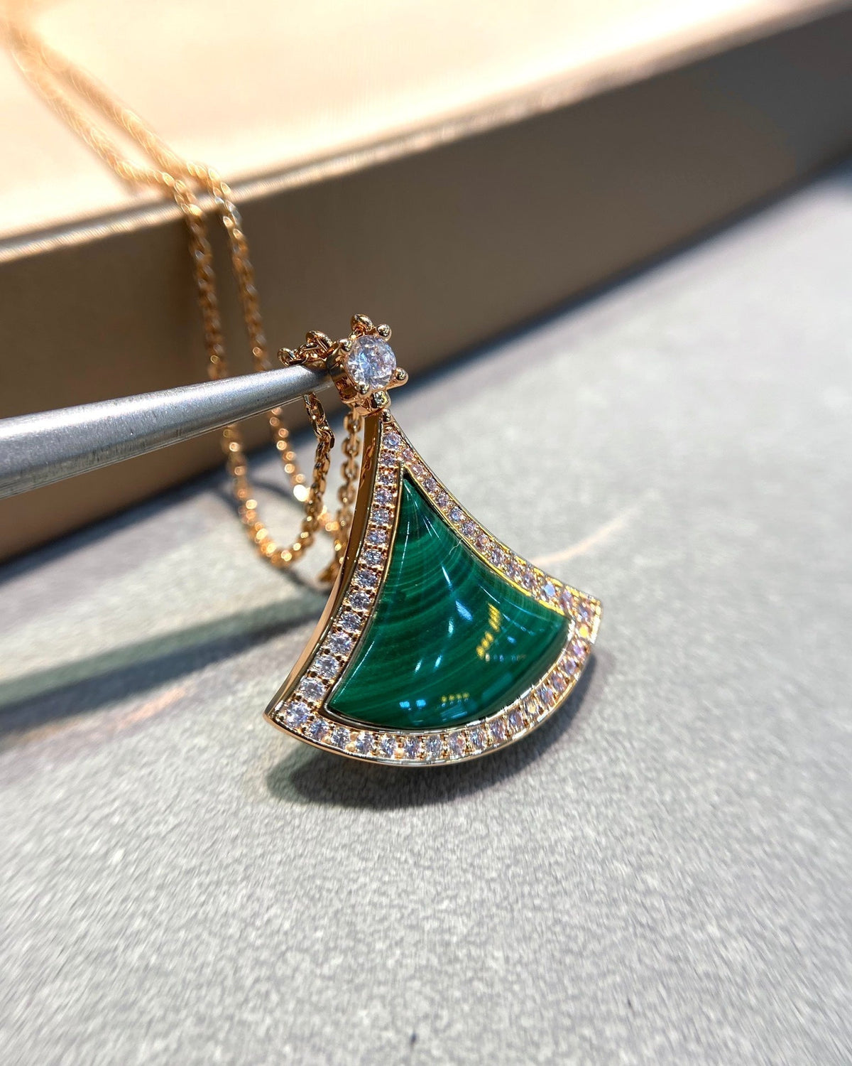 [Resenly Jewelry]DREAM MALACHITE DIAMOND PAVED PINK GOLD NECKLACE