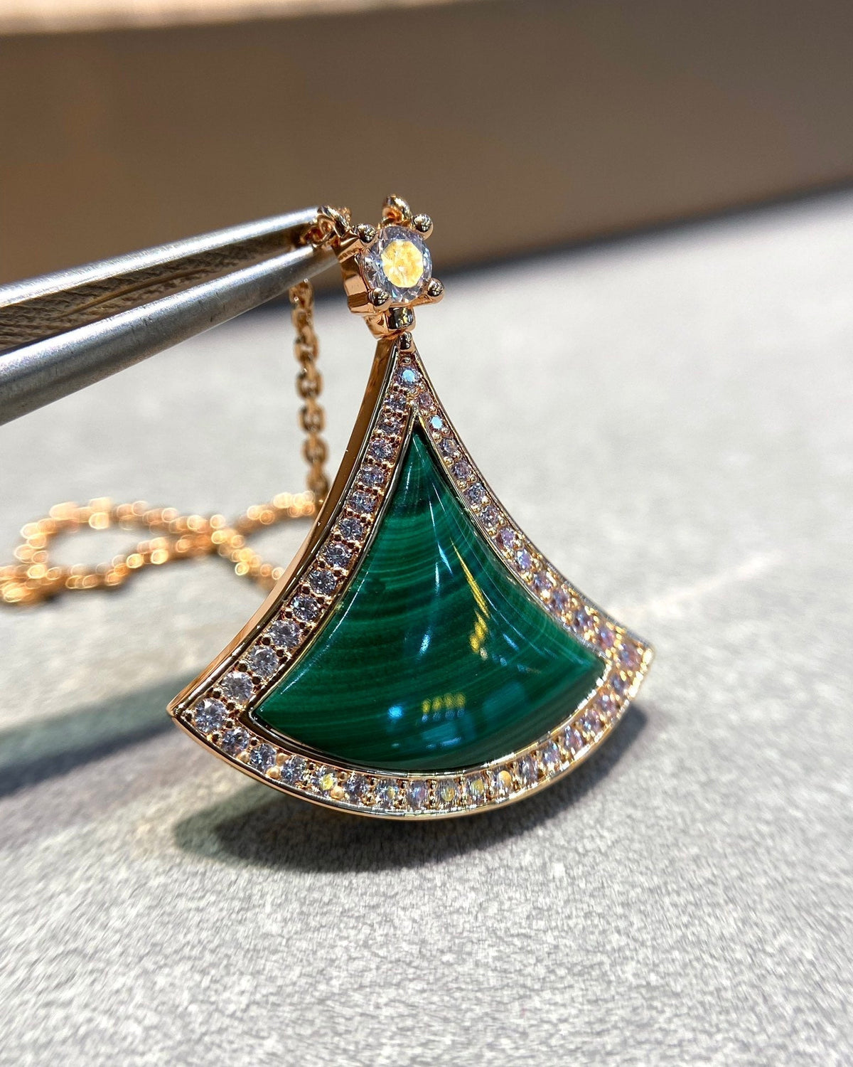 [Resenly Jewelry]DREAM MALACHITE DIAMOND PAVED PINK GOLD NECKLACE