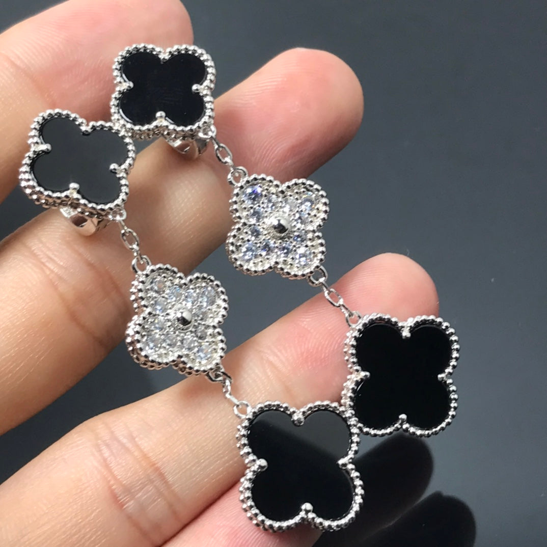 [Resenly Jewelry]CLOVER 3 MOTIF DIAMOND ONYX SILVER EARRINGS