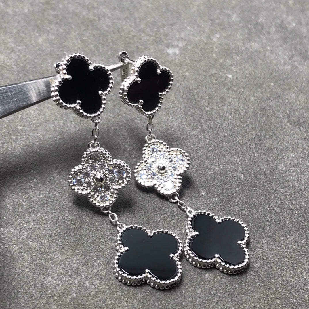 [Resenly Jewelry]CLOVER 3 MOTIF DIAMOND ONYX SILVER EARRINGS