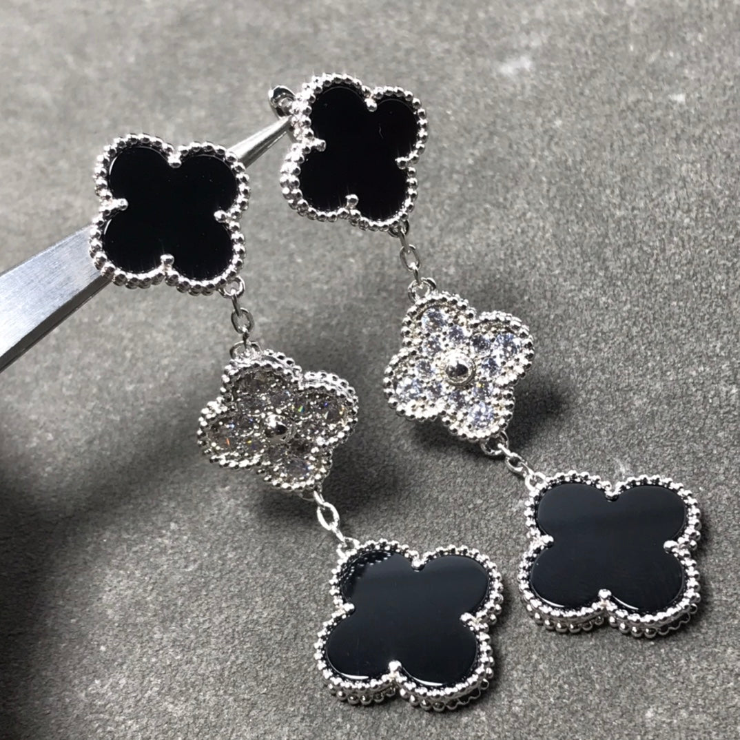 [Resenly Jewelry]CLOVER 3 MOTIF DIAMOND ONYX SILVER EARRINGS