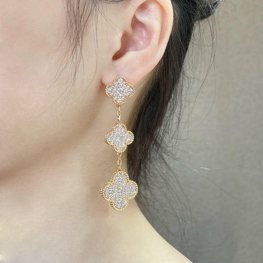 [Resenly Jewelry]クローバー 3モチーフ ダイヤモンド パヴェ ローズゴールド ピアス