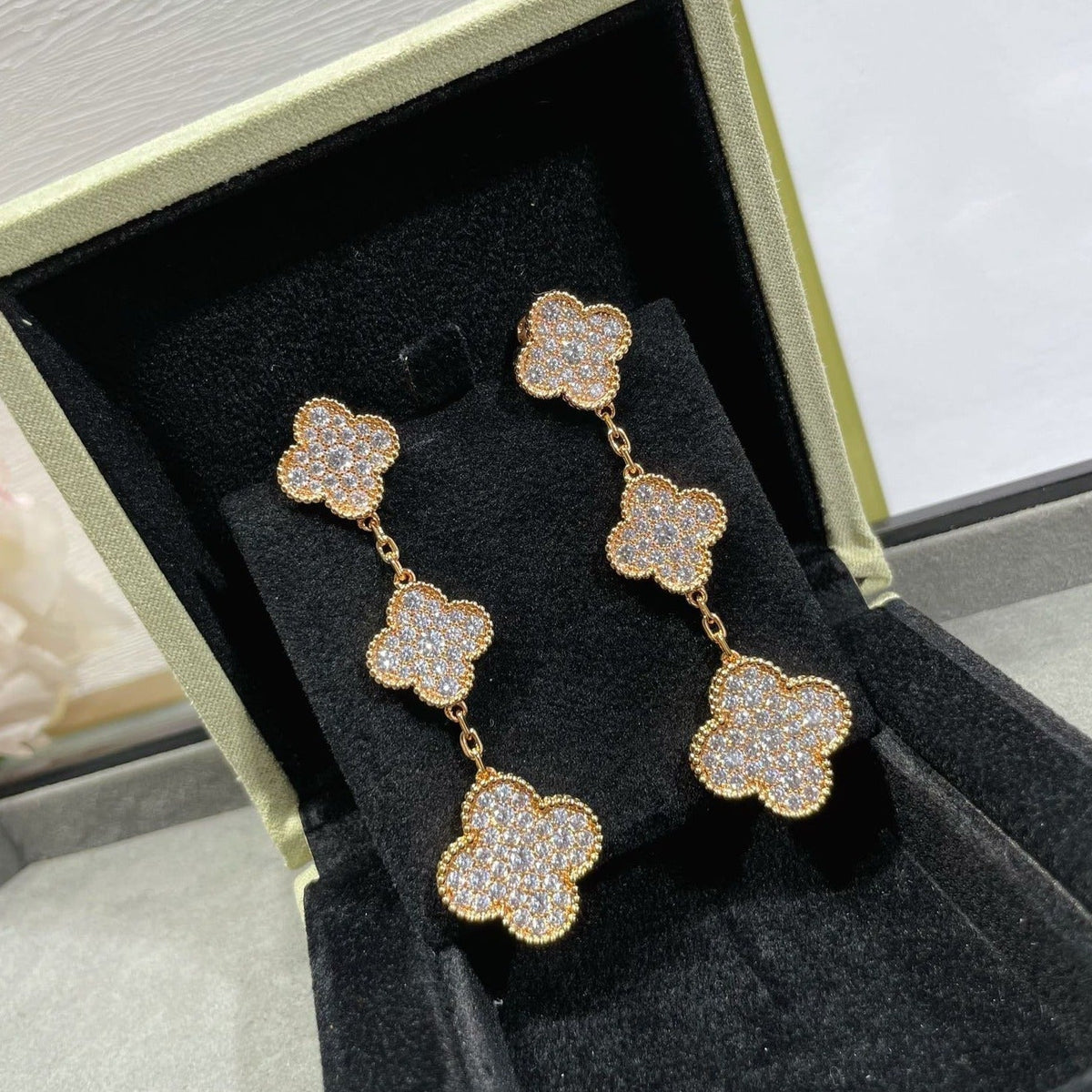 [Resenly Jewelry]クローバー 3モチーフ ダイヤモンド パヴェ ローズゴールド ピアス
