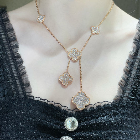 [Resenly Jewelry]CLOVER 6 MOTIF DIAMOND PAVED NECKLACE