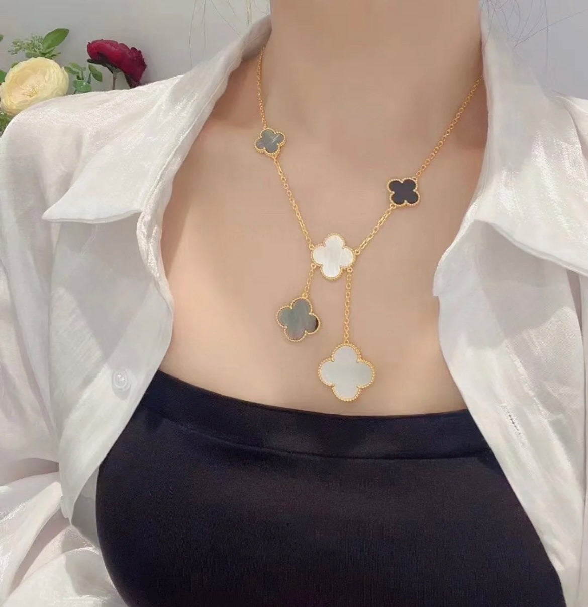 [Resenly Jewelry]CLOVER 6 MOTIF MOP ONYX GOLD NECKLACE