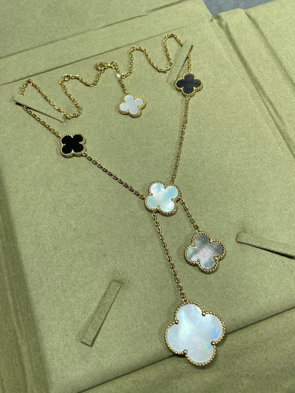 [Resenly Jewelry]CLOVER 6 MOTIF MOP ONYX GOLD NECKLACE