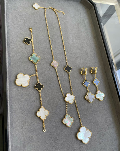 [Resenly Jewelry]CLOVER 3 MOTIF MOP ONYX DARK MOP PINK GOLD EARRINGS