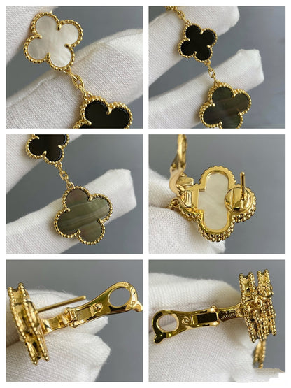 [Resenly Jewelry]CLOVER 3 MOTIF MOP ONYX DARK MOP PINK GOLD EARRINGS