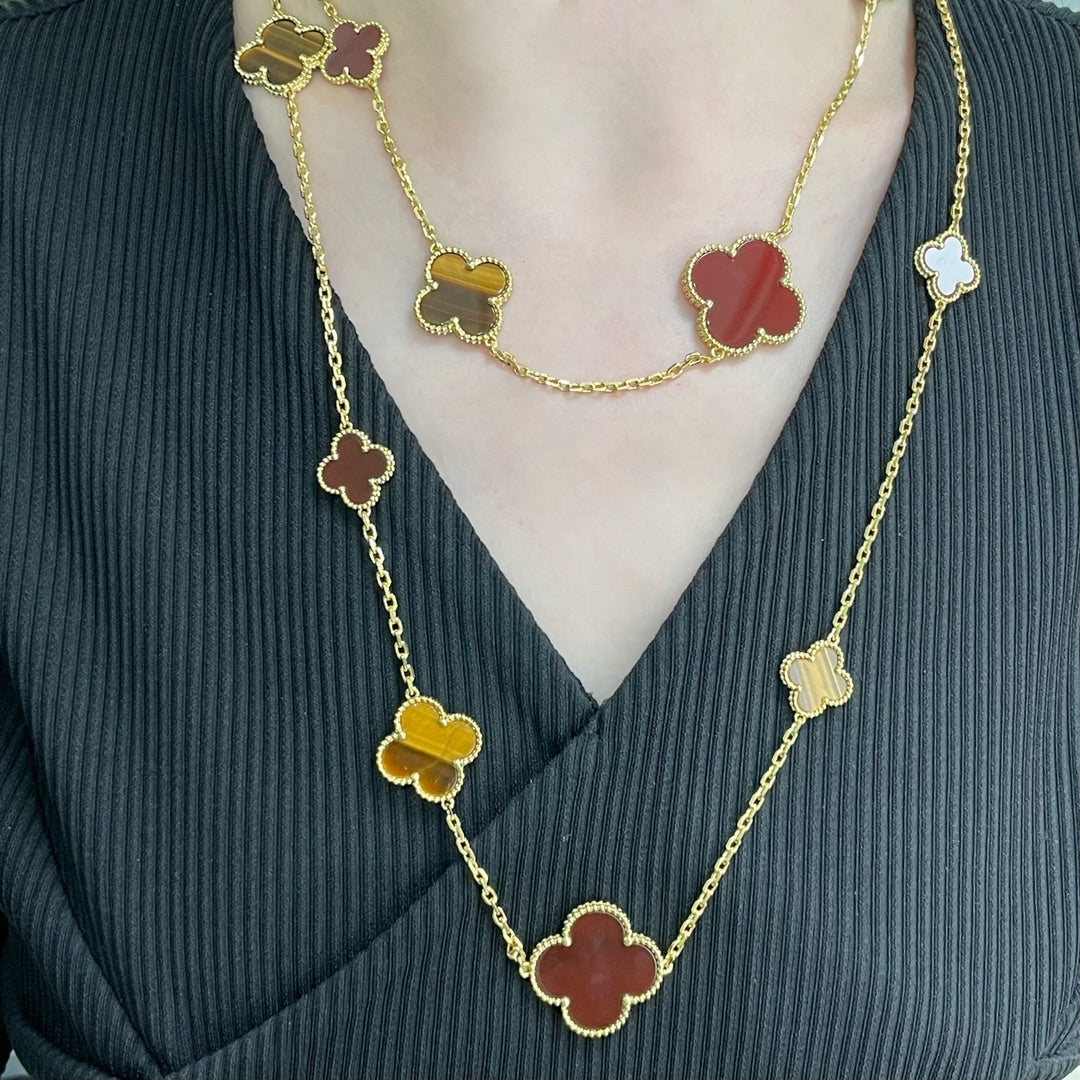 [Resenly Jewelry]CLOVER 16 MOTIF CARNELIAN TIGER EYE ROSE GOLD NECKLACE