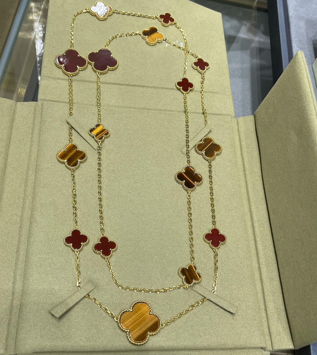 [Resenly Jewelry]CLOVER 16 MOTIF CARNELIAN TIGER EYE ROSE GOLD NECKLACE
