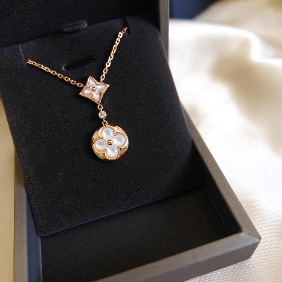 [Resenly Jewelry]STAR AND SUN WHITE MOP 2 MOTIF PINK GOLD NECKLACE