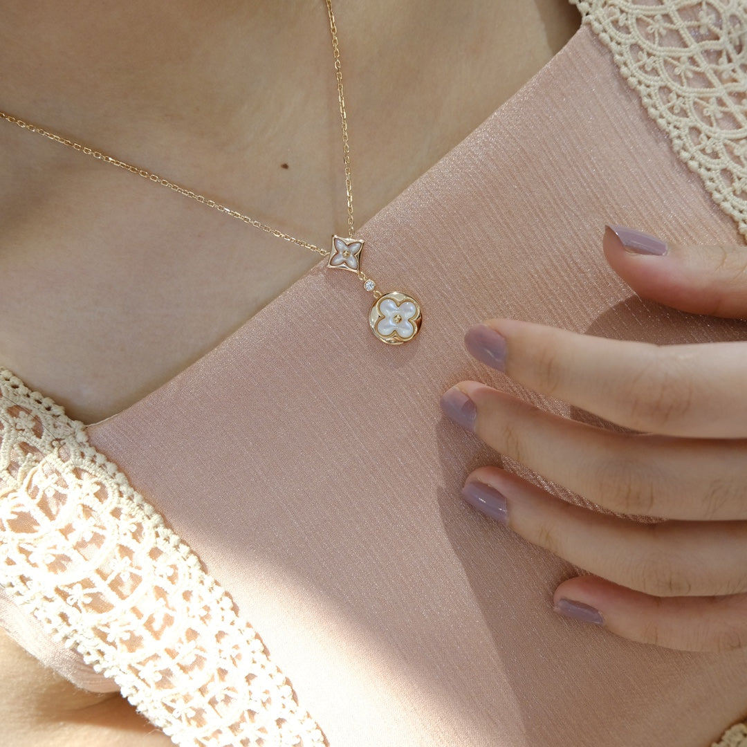 [Resenly Jewelry]STAR AND SUN WHITE MOP 2 MOTIF PINK GOLD NECKLACE
